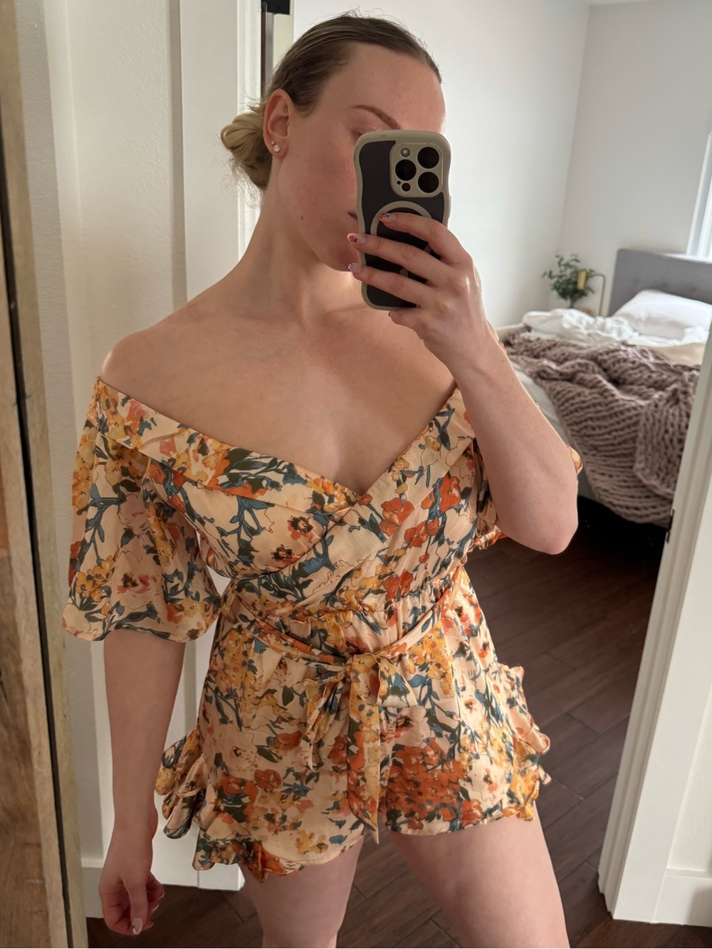 Vici Collection Peach Floral Off-Shoulder Romper